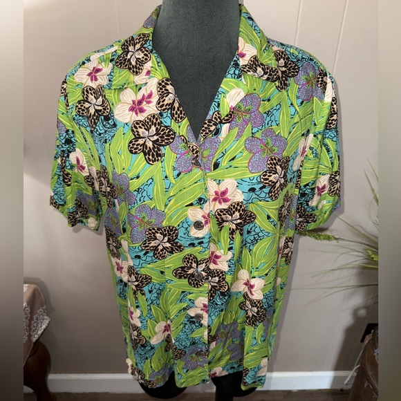 Kim Rogers • Animal Print Plumeria Floral Hawaiian Shirt - Picture 1 of 6